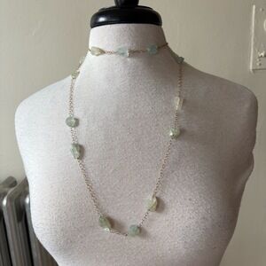 Light Green Crystal Chunks on Fine Long Gold Strand Wrap Necklace